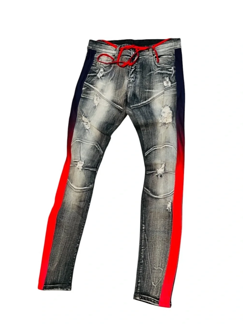 Focus NWOT Slim Fit Blue Distressed Jeans with Red & Purple Stripe - Picture 7 of 13